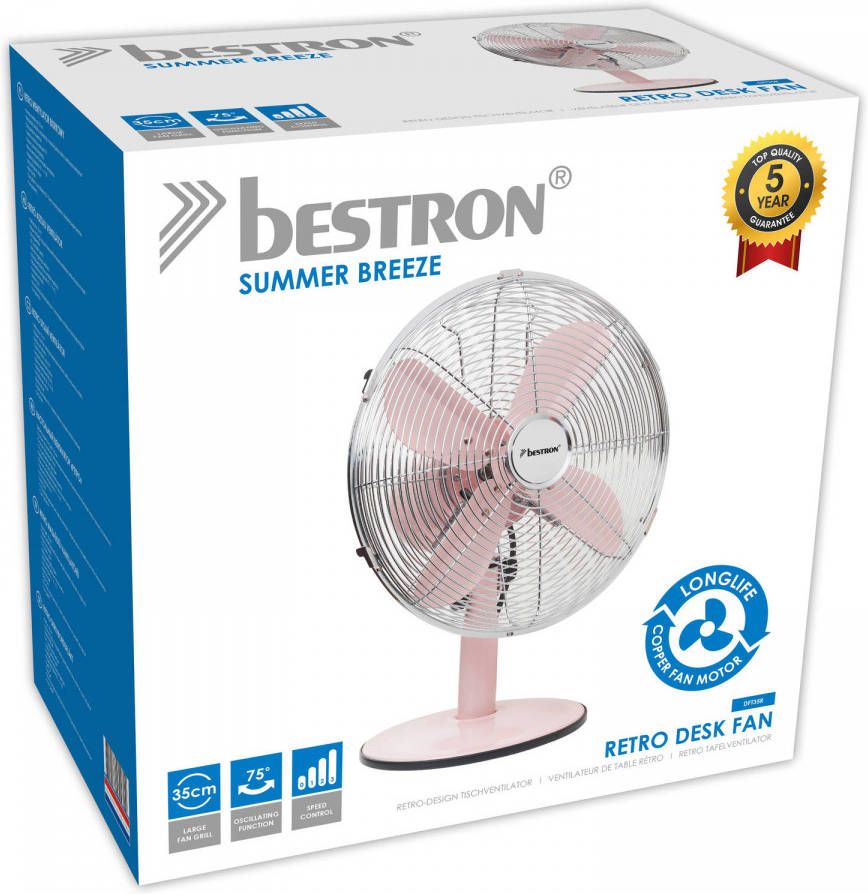bestron Tafelventilator Summer Breeze met draaifunctie in retrostijl, hoogte 43 cm, ø 35 cm, 35 w, roze