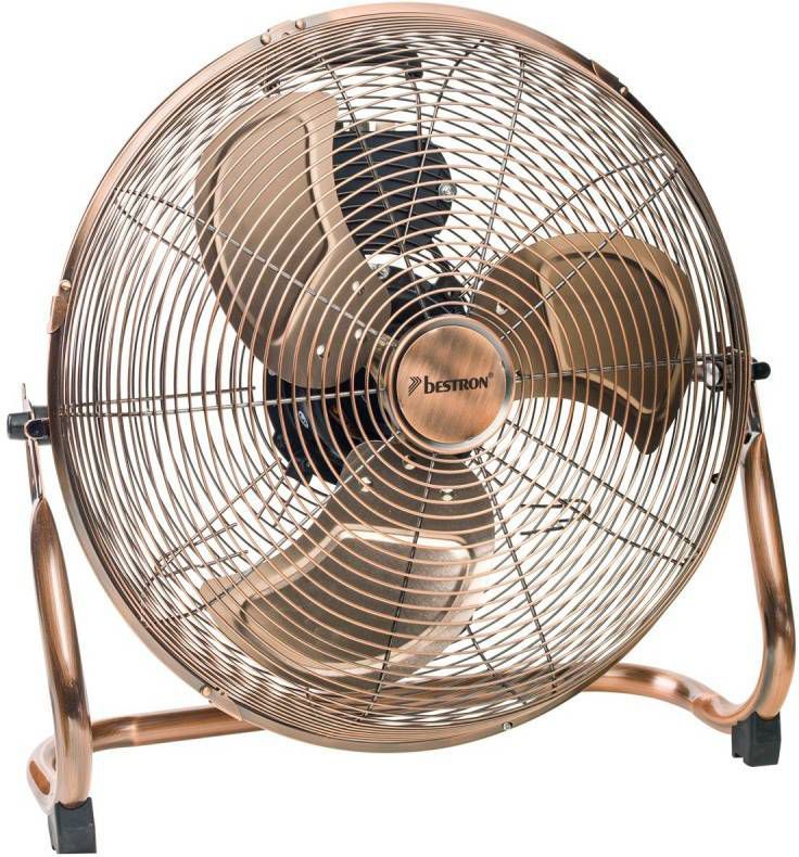 bestron Vloerventilator In retrostijl Windmachine met 3 snelheidsinstellingen & traploos kantelbare ventilatorkop, hoogte 47 cm, Ø 45 cm, 100 W, koperkleur