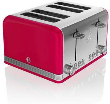 Swan 4 slot Retro Broodrooster Bruiningsgraad Instelbaar Rood