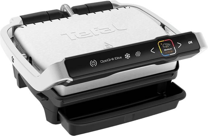 Tefal Contactgrill GC750D OptiGrill Elite elektrische binnengrill, 12 automatische grillprogramma's, intuïtieve sensor, grillboostfunctie, vaatwasmachinebestendige accessoires, receptenboek app