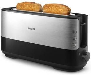 Philips Viva Collection Zwarte metalen broodrooster met lange sleuf en broodjeswarmer